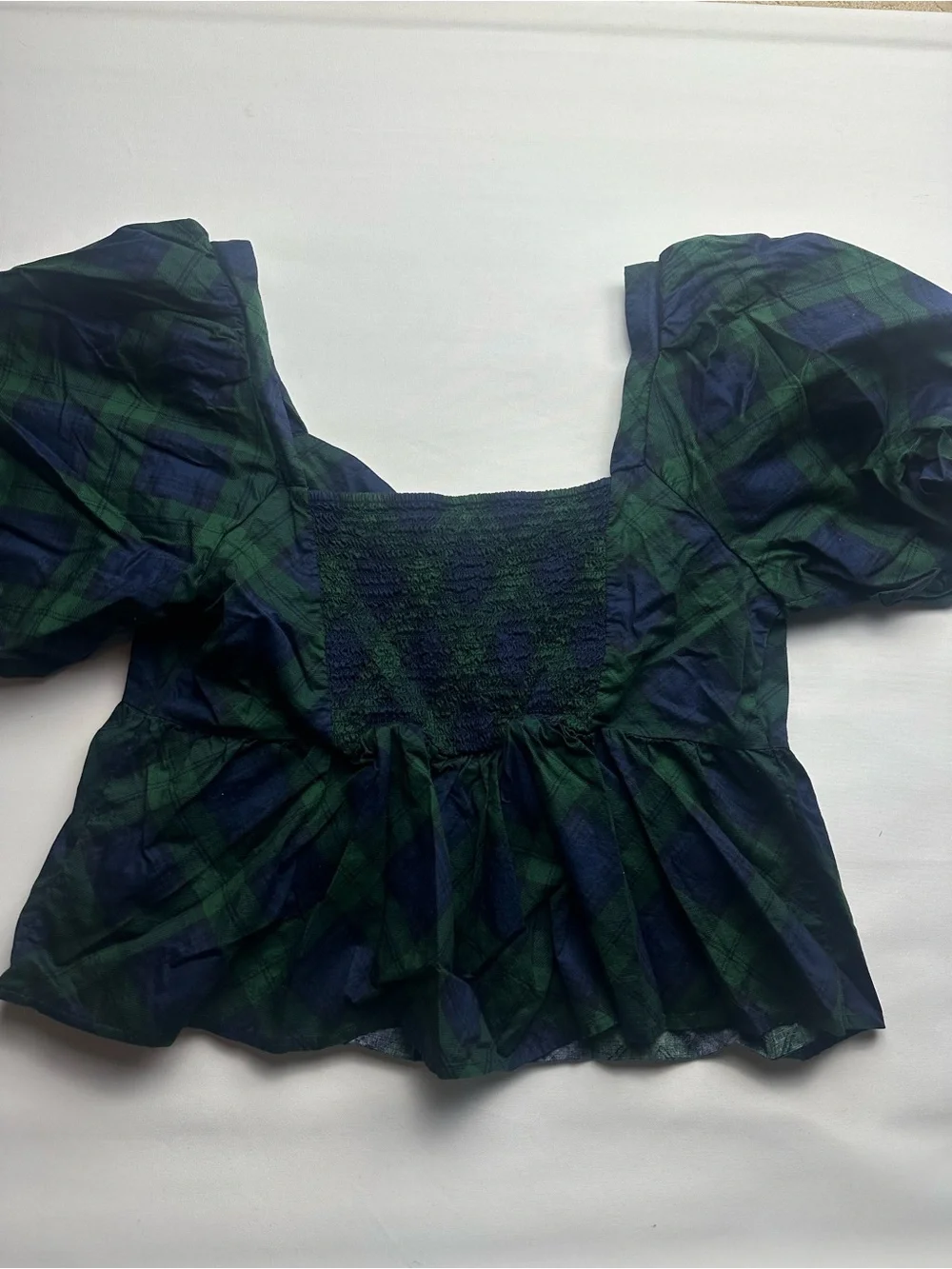 2 Old Navy Puff Sleeve Peplum Tops- Red and green blue checkered.